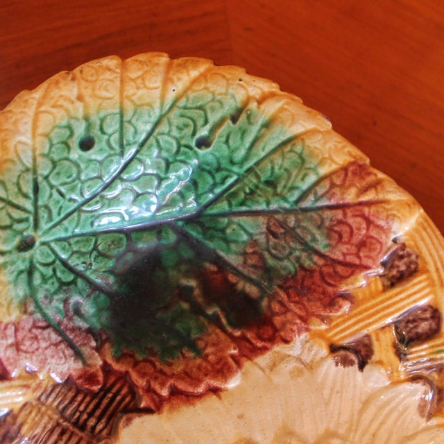 Sunflower and Begonia Leaf English Majolica Serving Dish For Sale - Image 6 of 12