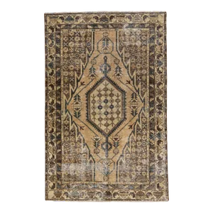 Vintage Persian Distressed Brown Handmade Medallion Wool Rug