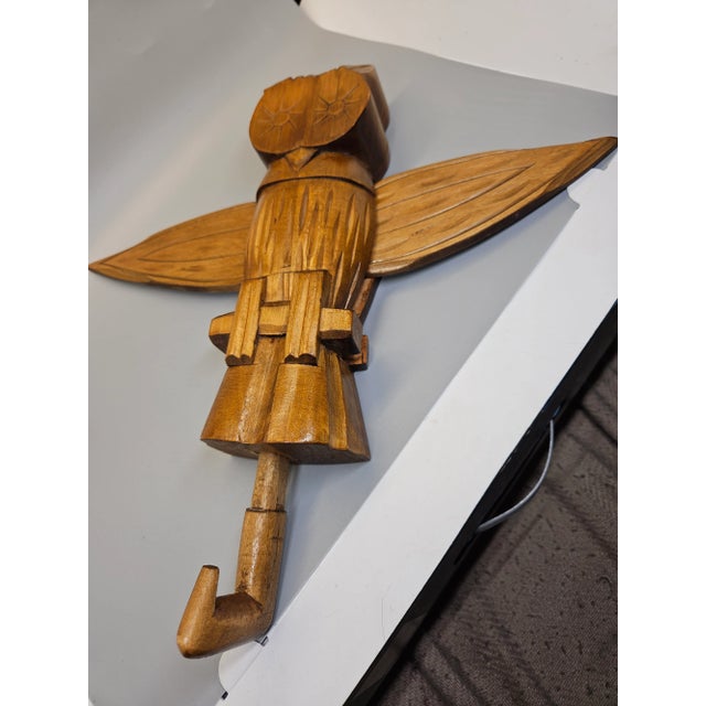 Vintage Folk Art Owl Hand Carved, Wings Move When Hook Is Pulled