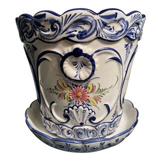 Vintage Hand Painted Ceramic Flower Pot/Planter With Saucer For Sale