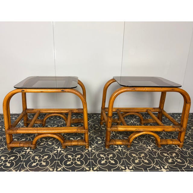 1950s Mid-Century Modern Italian Bamboo and Rattan Side Tables with Smoked Glass, 1950s, Set of 2 For Sale - Image 5 of 18