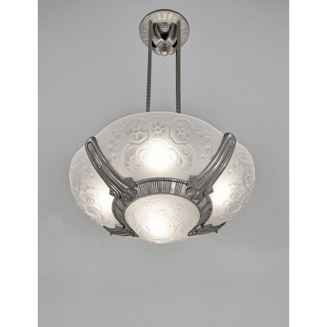 Art Deco Petitot & Muller Freres French Art Deco Multi-Light Chandelier 1930s - Floral Glass For Sale - Image 3 of 15