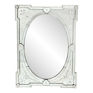 Mid-Century Modernist Venetian Glass Mirror W/ Reversed Etched & Beveled Details For Sale