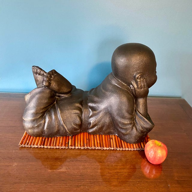 Laughing Baby Buddha Statue W/ Bamboo Mat Cast Resin & Fiberglass For Sale - Image 9 of 13