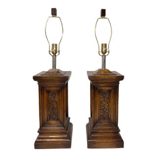 Pride Sasser Co. Traditional Carved Wood Table Lamps Pair For Sale