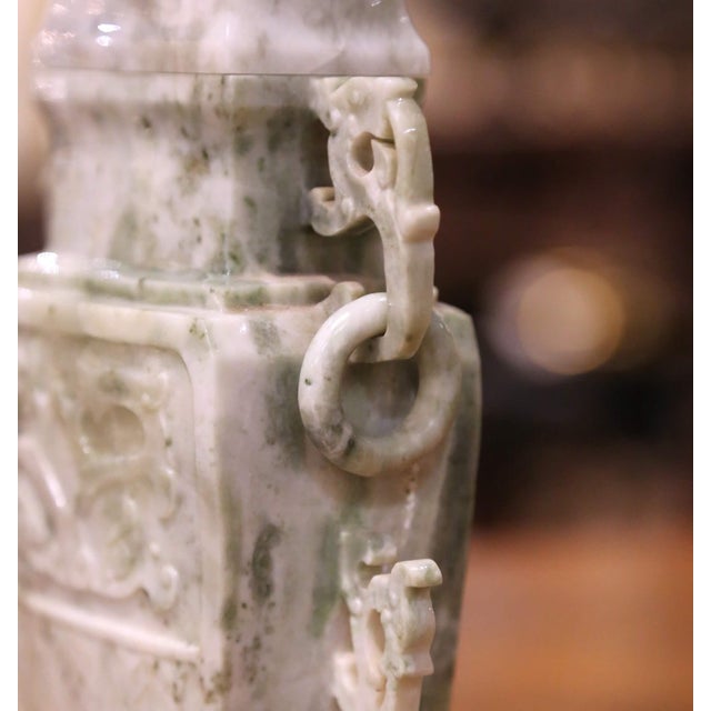 Gemstone 20th Century Chinese Carved Jade Covered Vase With Pierced Handles For Sale - Image 7 of 13