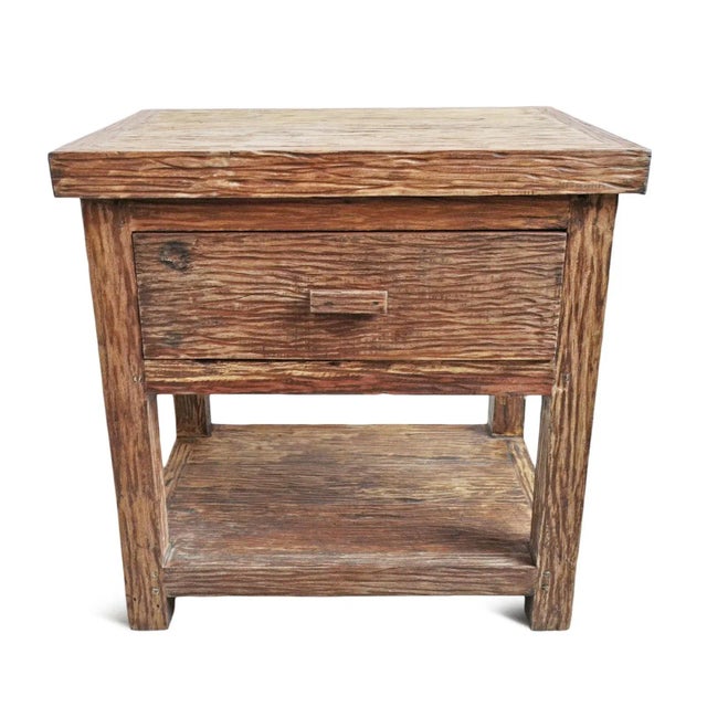 Rustic solid wood bedside table / cabinet with attractive textural deep grain. Features one drawer at top and shelf below....