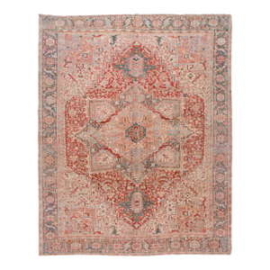 Antique Persian Heriz Wool Rug Handmade in Red Featuring a Medallion Motif