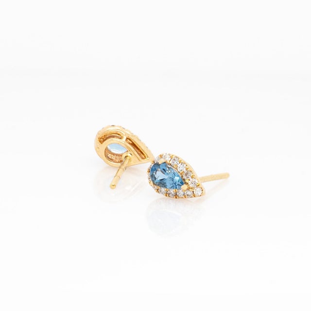 Modern Aquamarine Earrings With Earth Mined Diamond Accents: 14k Solid Gold, Pear 5x3mm For Sale - Image 3 of 5