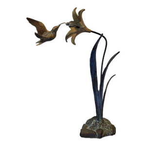 1970s Bronze Metal Hummingbird Flower Sculpture