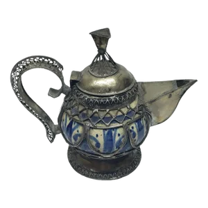 Antique Moroccan Fez Blue & White Porcelain Winepot/Teapot/Coffeepot Wrapped in Silver-Wire Filigree