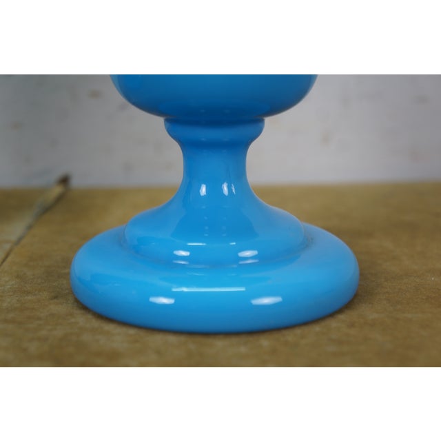 Glass 2 Antique Bristol Blue Turquoise Opaline Ruffled Clambroth Mantel Vases Urns 11" For Sale - Image 7 of 13
