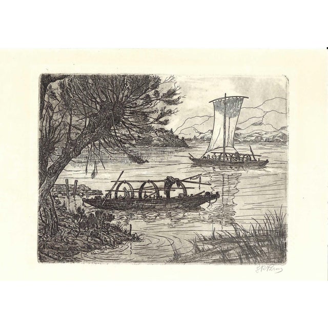 Mid century etching of an Asian river, probably in Vietnam or another French controlled area, signed illegibly lower left....