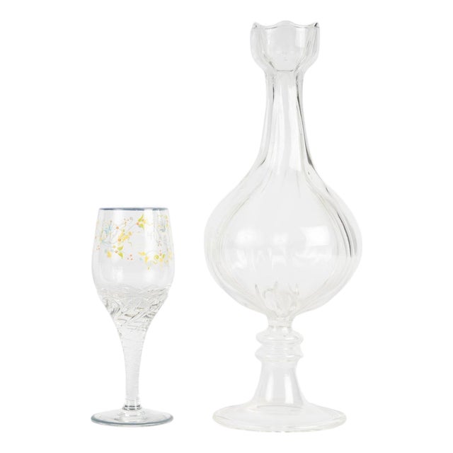 Enameled Crystal Carafe and Cedère Glass, Early 20th Century, Set of 2 For Sale