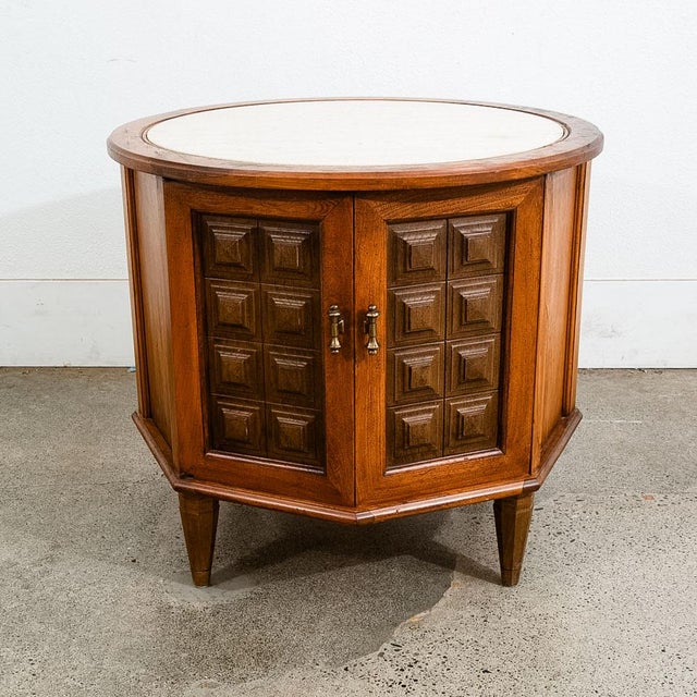 1960s 1960s Mid Century Modern Side Table End Nightstand Round Travertine Top Door Vintage For Sale - Image 5 of 12