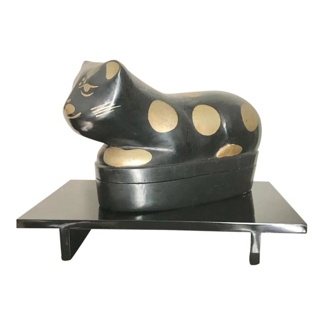 Gold and Black Lacquer Vintage Wooden Cat Pillow Box on Stand For Sale