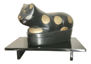 Gold and Black Lacquer Vintage Wooden Cat Pillow Box on Stand