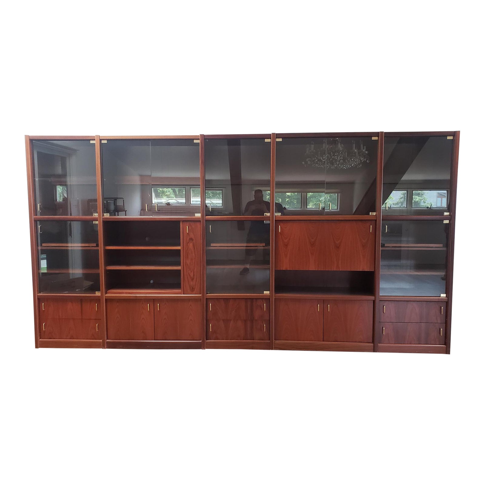 1980s Rosewood 5 Piece Sectional Wall Unit Display Cabinet W Bar
