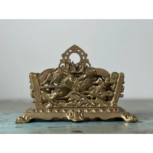 Antique Brass Letter Holder of Stag With Hunting Dogs For Sale - Image 4 of 10