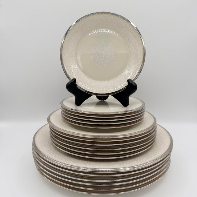 Vintage Lenox Moonspun Ivory & Platinum Dinnerware, Service for 6, Set of 18 For Sale - Image 11 of 11