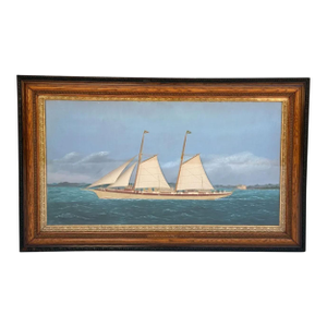 Thomas H. Willis Oil and Silk Needlework Painting, Golden Rod Steam Yacht Portrait