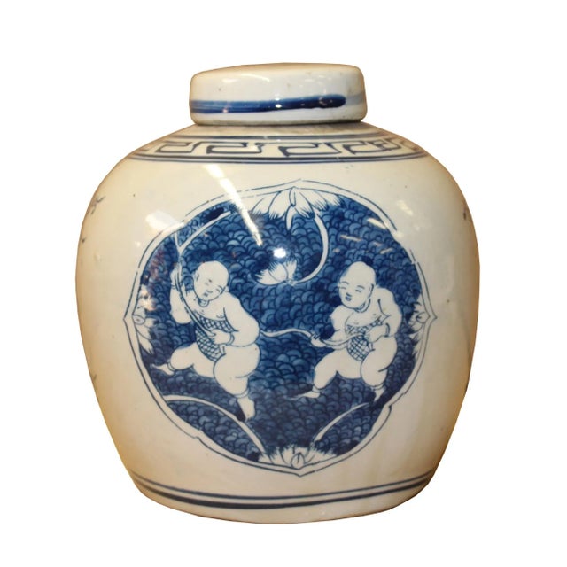 Chinese Blue White Ceramic Double Kids Graphic Ginger Jar For Sale In San Francisco - Image 6 of 6