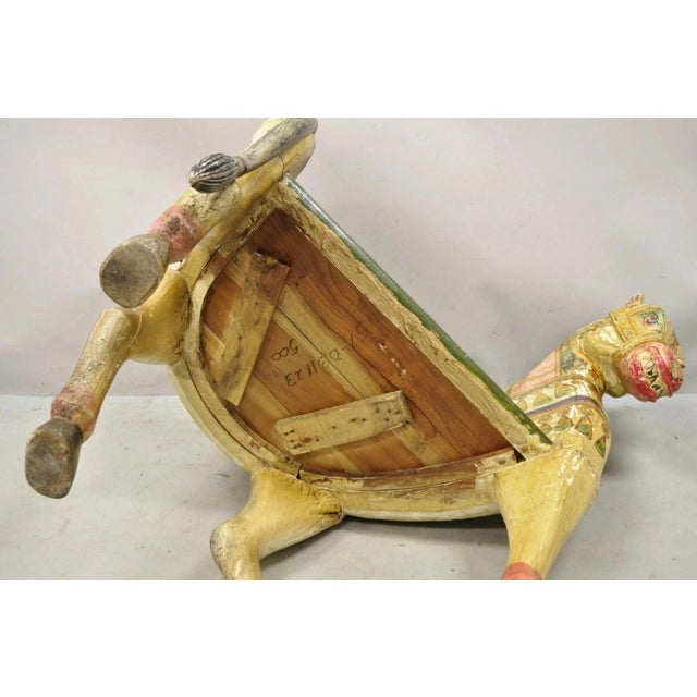 Vintage Figural Primitive Solid Carved Wood Red & Green Horse Bench Seat Chair For Sale - Image 10 of 12