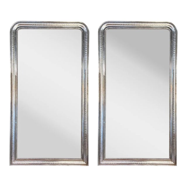 Mid 20th Century Large Scale Silver Leaf Louis Philippe Mirrors With X Pattern- a Pair For Sale