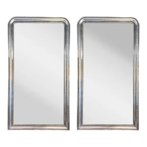 Mid 20th Century Large Scale Silver Leaf Louis Philippe Mirrors With X Pattern- a Pair