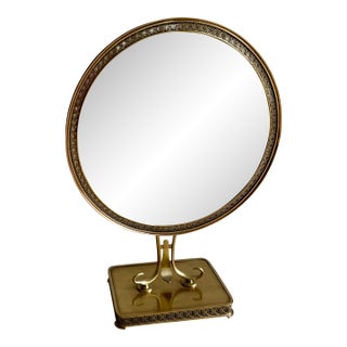 Large 1950s Italian Brass Vanity Mirror With Pierced Star Border & Scroll Base, 22″ For Sale