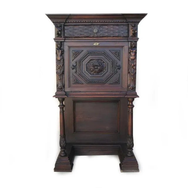 Italian Antique Carved Oak Figural Drop Cabinet C. 1880 For Sale - Image 4 of 9