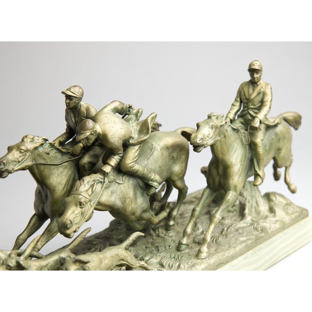 Continental Gilt Metal Equestrian Hunt Group, Circa 1900 — Riders, Horses & Hounds on Green Onyx Base For Sale - Image 9 of 14