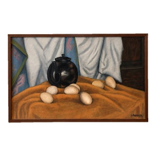 Vintage Mid Century Signed Still Life Oil Painting With Black Teapot & Eggs For Sale