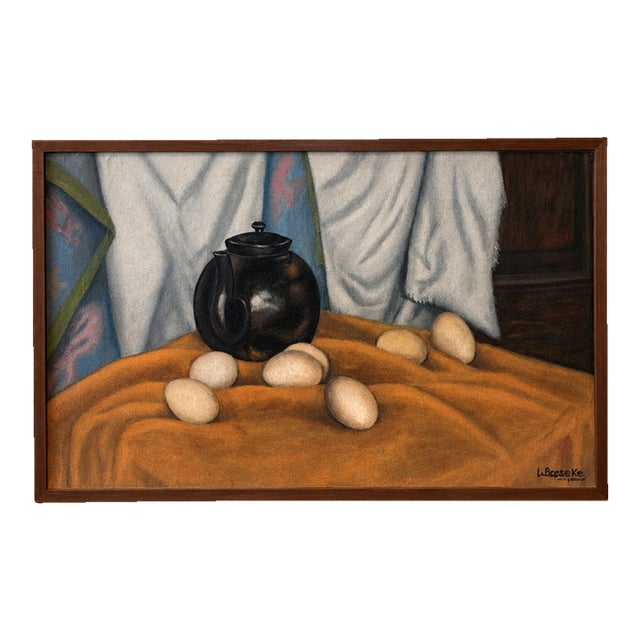 Vintage Mid Century Signed Still Life Oil Painting With Black Teapot & Eggs For Sale