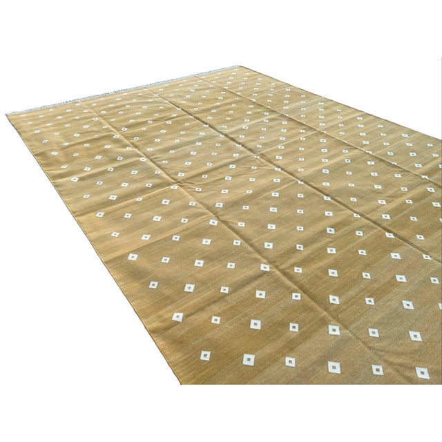 Textile Handmade Cotton Area Rug Natural Vegetable Dyed Mustard and White Diamond Dhurrie-8'x10' For Sale - Image 7 of 10