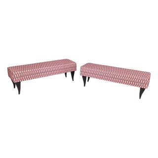 Vintage Benches with Red Patterned Fabric Upholstery, Italy, Set of 2 For Sale