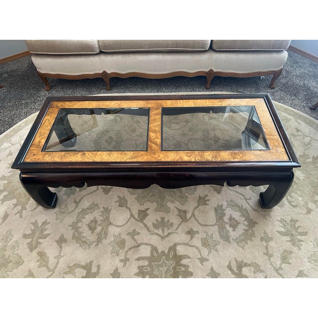 Late 20th Century Postmodern Burlwood Ming-Style Coffee Table With Inset Smoked Glass For Sale - Image 4 of 10