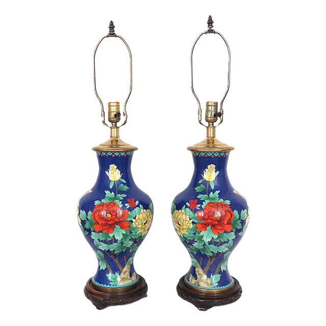 Late 20th Century Chinese Cloisonne Table Lamps With Flowers & Butterfly in Cobalt Blue - a Pair For Sale