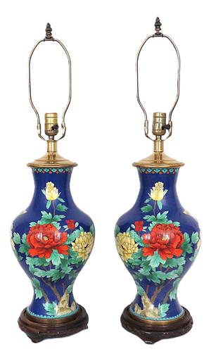 Late 20th Century Chinese Cloisonne Table Lamps With Flowers & Butterfly in Cobalt Blue - a Pair