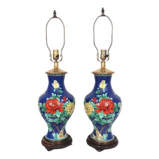 Pair of Chinese Cloisonne Table Lamps With Flowers & Butterfly in Cobalt Blue For Sale