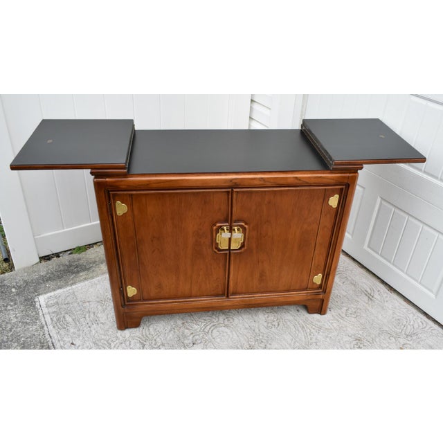 Asian Vintage Thomasville Asian Influenced Flip Top CherryWood Server W/Brass For Sale - Image 3 of 13