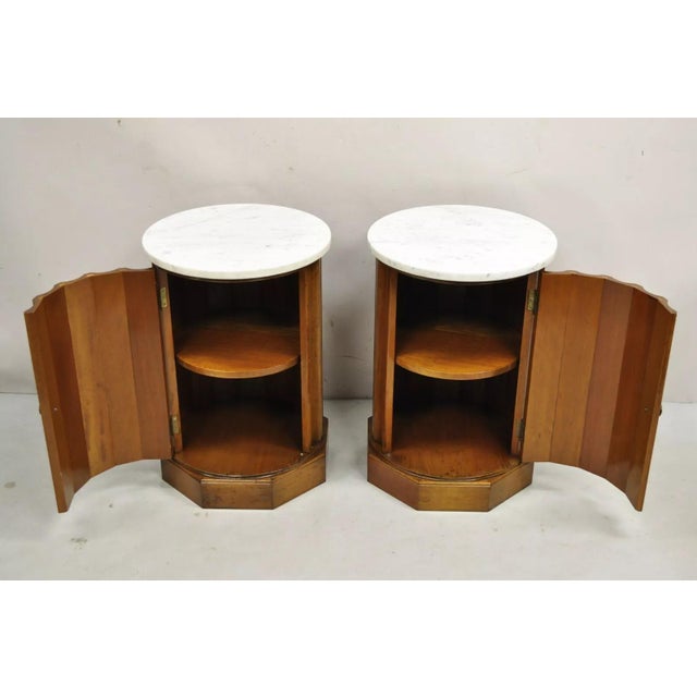 Traditional French Empire Round Marble Top Mahogany Column Pedestal Cabinet End Table Pair For Sale - Image 3 of 12