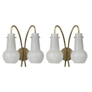 Brass and Opaline Wall Sconces, Austria, 1950s, Set of 2 For Sale
