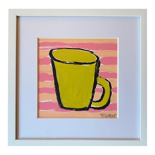 Sarah Trundle, Contemporary Abstract Framed Painting, "Green Mug on Stripes" For Sale