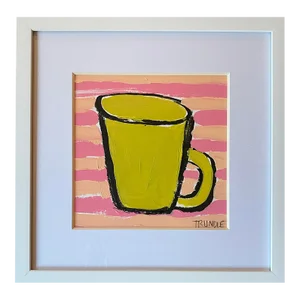 Sarah Trundle, Contemporary Abstract Framed Painting, "Green Mug on Stripes"