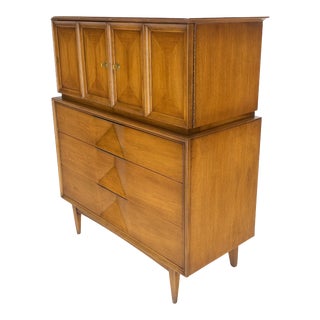 Light Walnut Sculptural Drawer Fronts Double Door Compartment High Chest Dresser For Sale