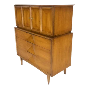 Light Walnut Sculptural Drawer Fronts Double Door Compartment High Chest Dresser