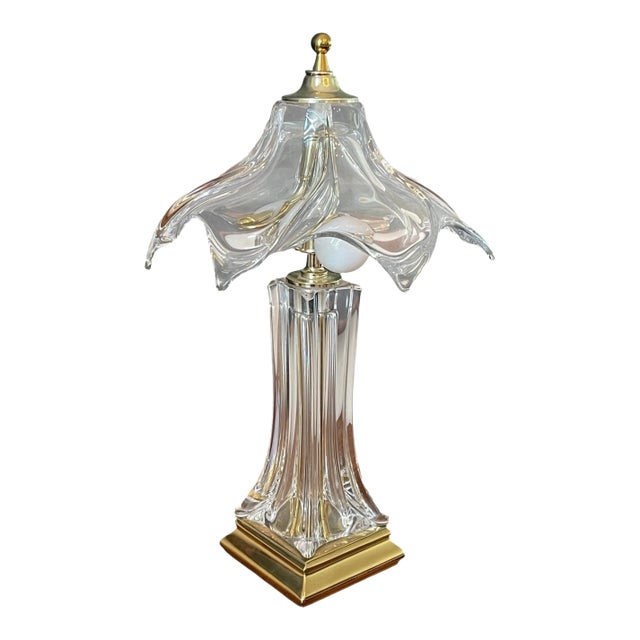 Vintage Cofrac Art Verrier Style French Crystal Table Lamp With Draped Glass Shade For Sale