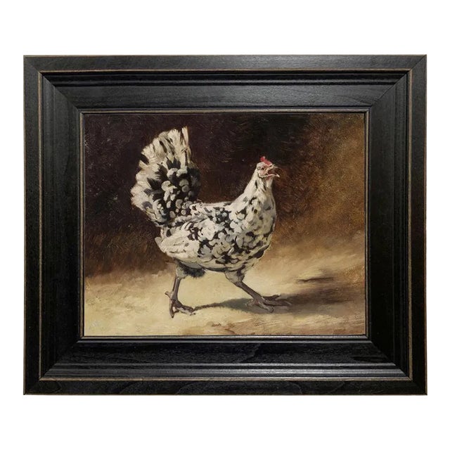 Black and White Chicken 8x10" Print on Canvas in Distressed Black Wood Frame For Sale