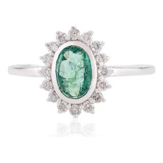 Natural Emerald Diamond Halo Art Deco Ring Size 5 in 14k White Gold For Sale